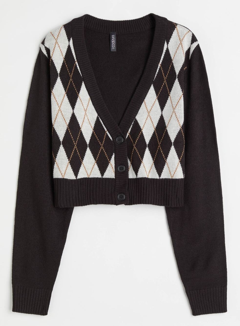 H&M black white argyle plaid print knit cropped v-neck button up cardigan small